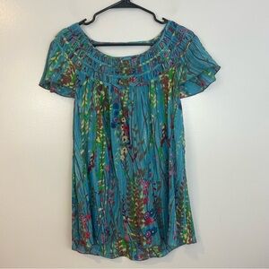 Vintage Free People Teal Blue Floral Short Flutter Sleeve Boho Top Size 1 Small